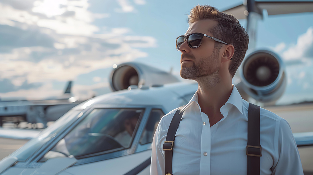 A successful man in his 30s is standing in front of his private jet. He is wearing a white shirt, suspenders, and sunglasses.